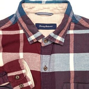 Tommy Bahama Mens Plaid Flannel Button Up‎ Shirt Large Red White Blue Outdoor